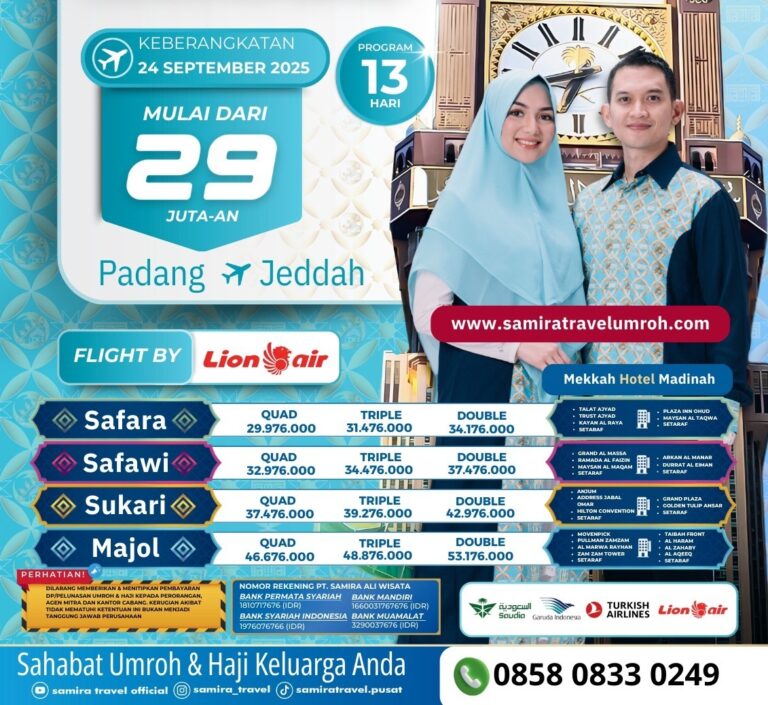 Promo Umroh September Padang Jeddah 13 Hari 29 Juta Samira Travel - WA 0858 0833 0249