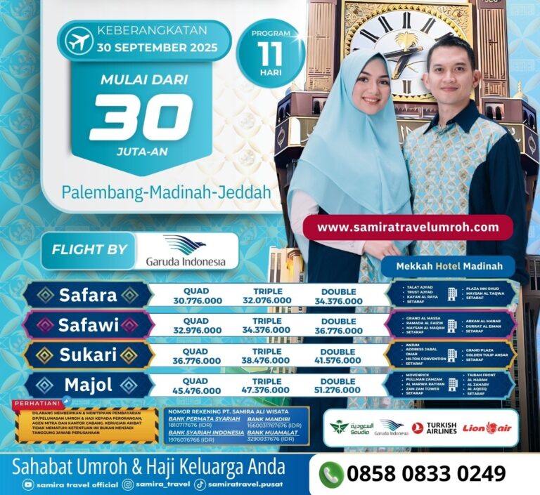 Promo Umroh September Palembang Madinah Jeddah 11 Hari 30 Juta Samira Travel - WA 0858 0833 0249
