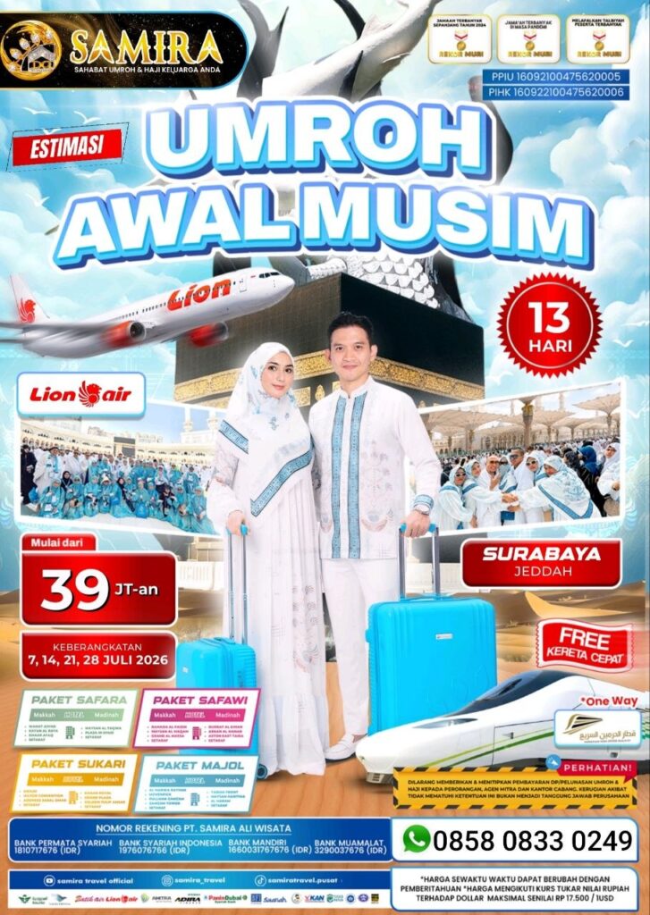 Paket Umroh Juli 2026 Surabaya Jeddah 13 Hari 39 Juta Free Kereta Cepat Lion Air Samira Travel Umroh - WA 0858 0833 0249
